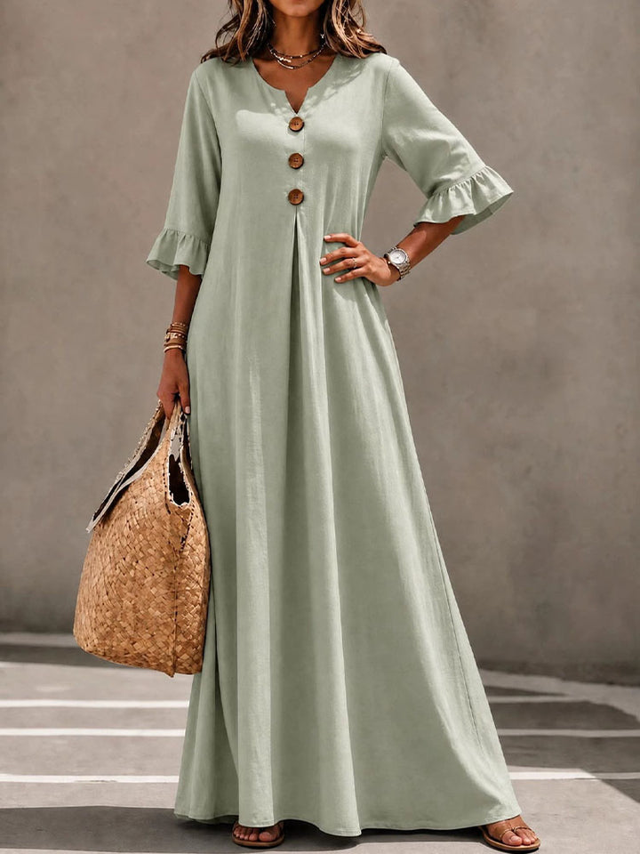V-Neck Ruffle-Sleeve Dress with Wooden Buttons