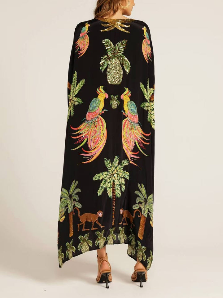 Sequin Tropical Print Kaftan Maxi Dress