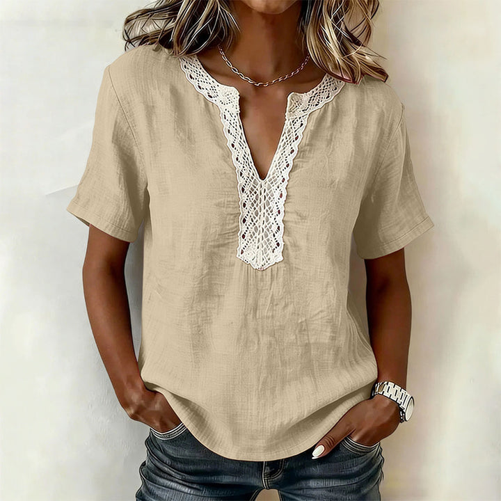 100% Cotton Casual Loose Lace Collar Short-Sleeved Top