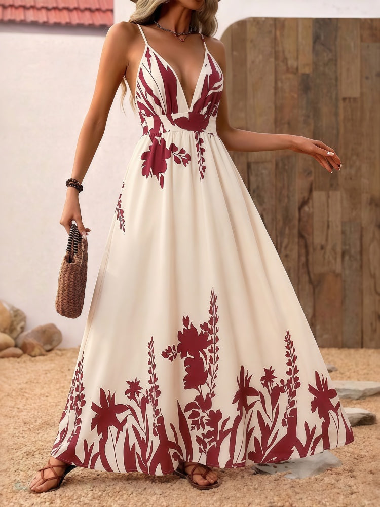 Tropical Print Crisscross Back Dress with Spaghetti Straps