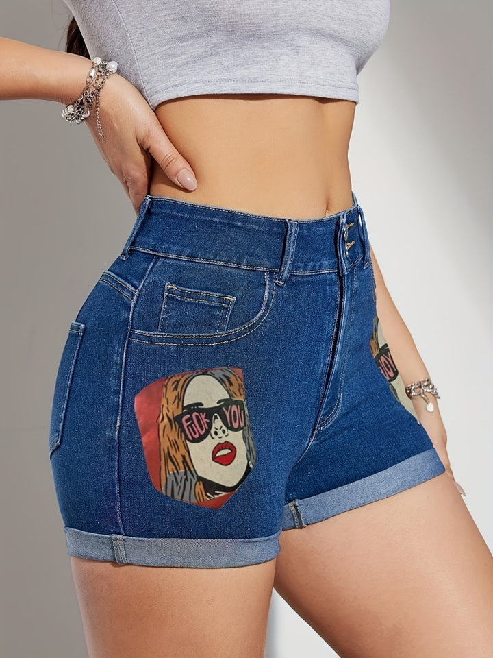 High Waist Pop Art Graphic Print Cuffed Denim Shorts