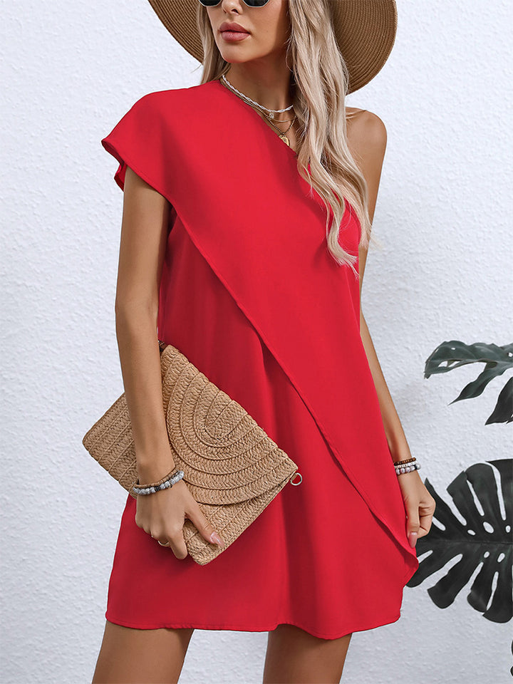 One-shoulder dress, vacation style, sleeveless A-line midi skirt
