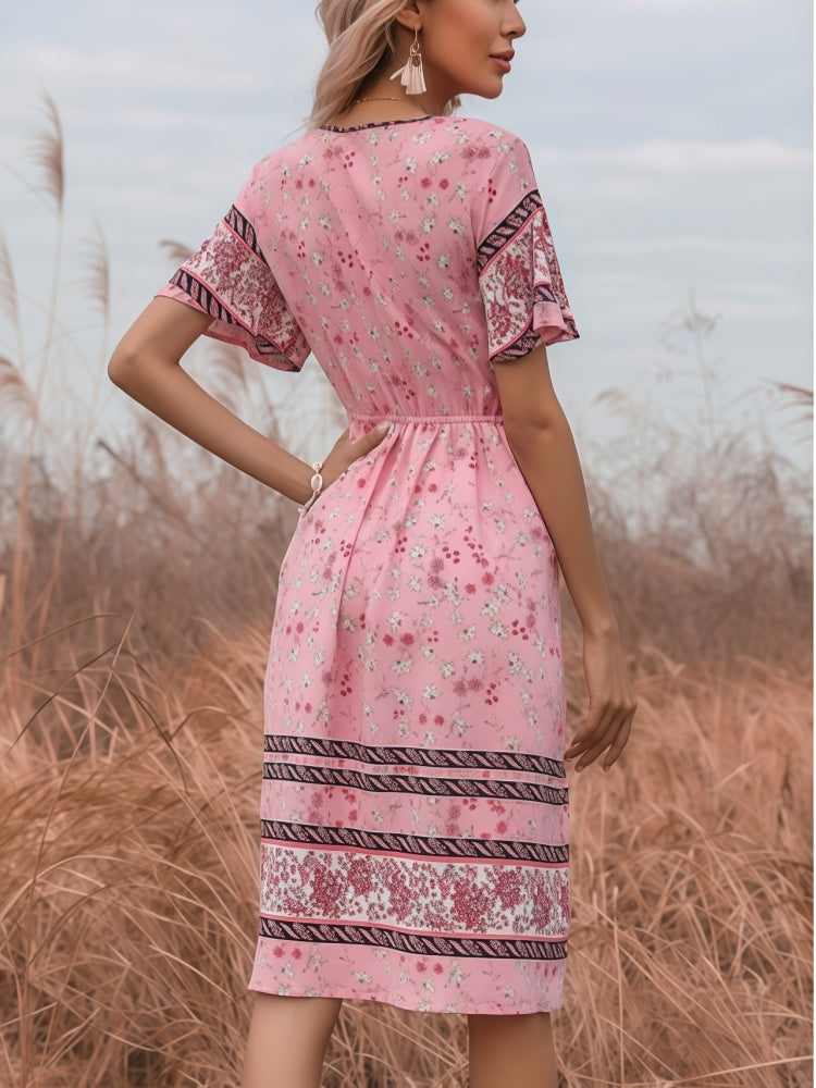 V-neck floral elastic waist dress