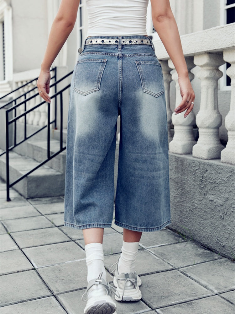 High Waist Washed Wide Leg Cropped Capri Jeans
