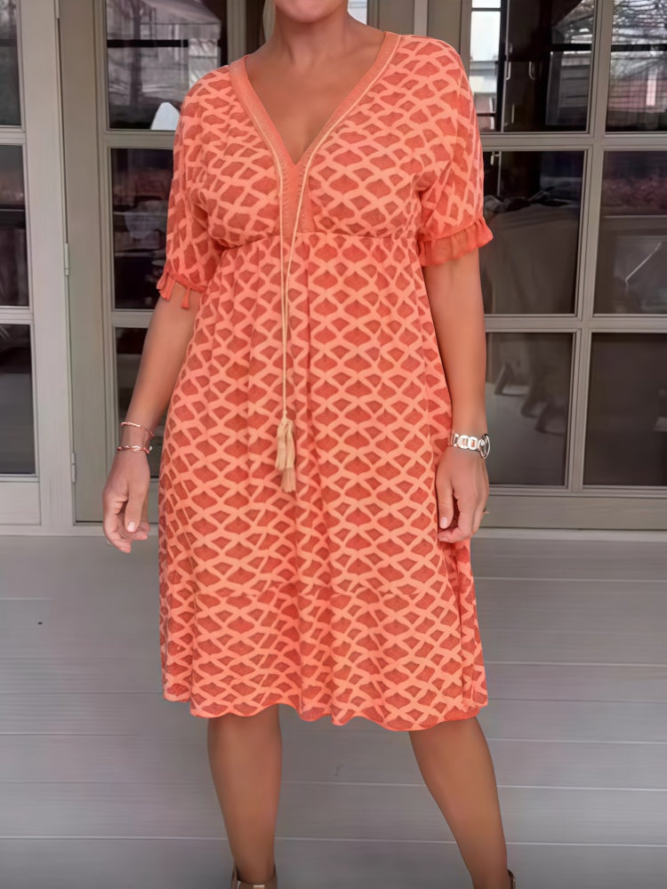 Fashionable V-neck printed short-sleeved dress for women