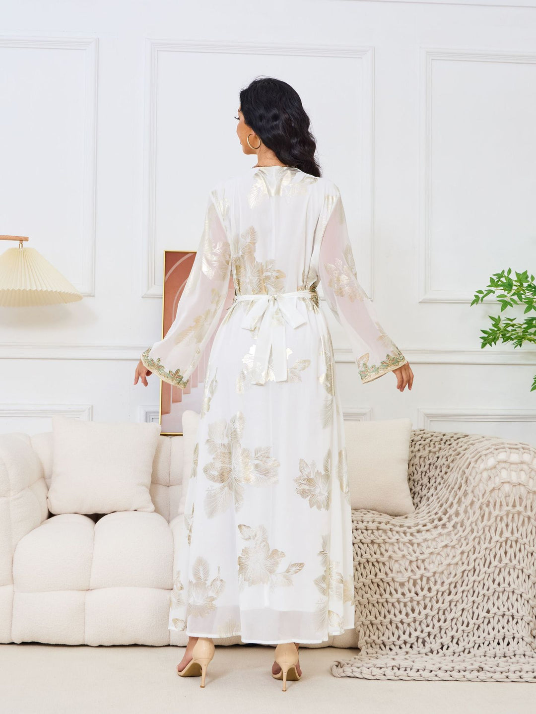 Gold Foil Floral Embroidered Abaya Maxi Dress