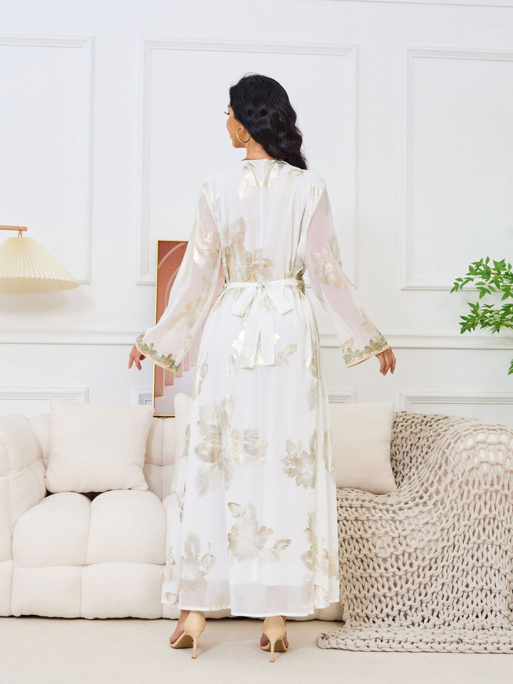 Gold Foil Floral Embroidered Abaya Maxi Dress
