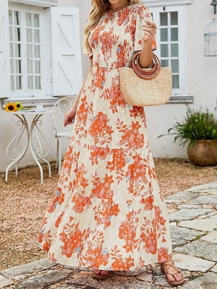 Floral Print Flutter Sleeve Tiered Maxi Dress