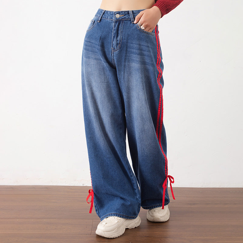 Retro red-trimmed casual straight-leg jeans