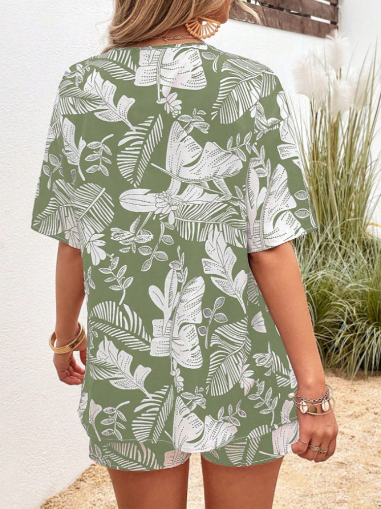 Tropical Leaf Print Open-Front Shirt &amp; Shorts Set
