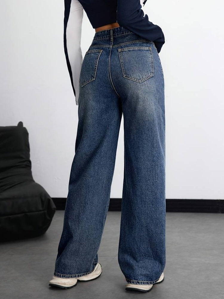 High Waist Vintage Wash Wide Leg Straight Jeans