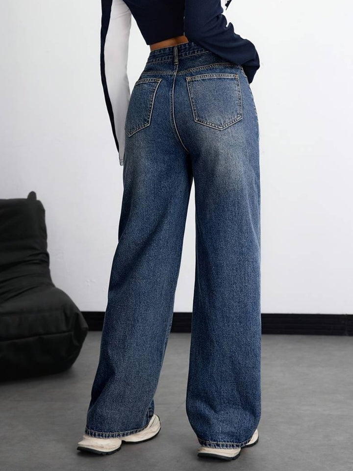 High Waist Vintage Wash Wide Leg Straight Jeans