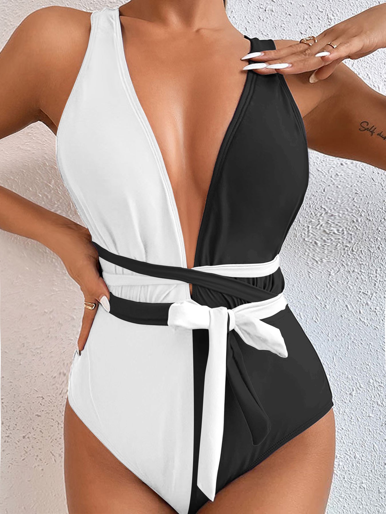 Elegant Deep V One-Piece Swimsuit with Waist Tie – Multiple Colors
