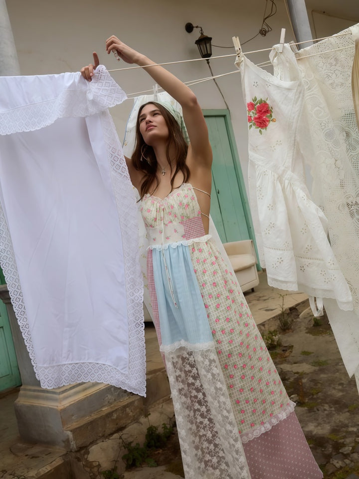 Patchwork Lace Halter Maxi Dress