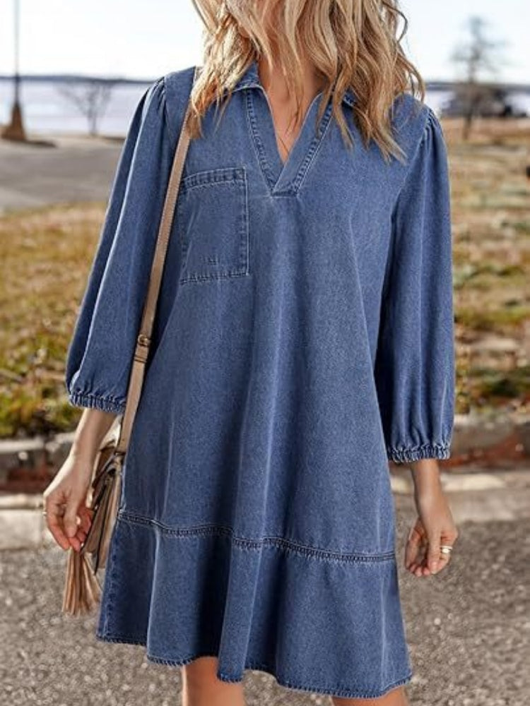 Collared V Neck Puff Sleeve Tiered Denim Midi Dress