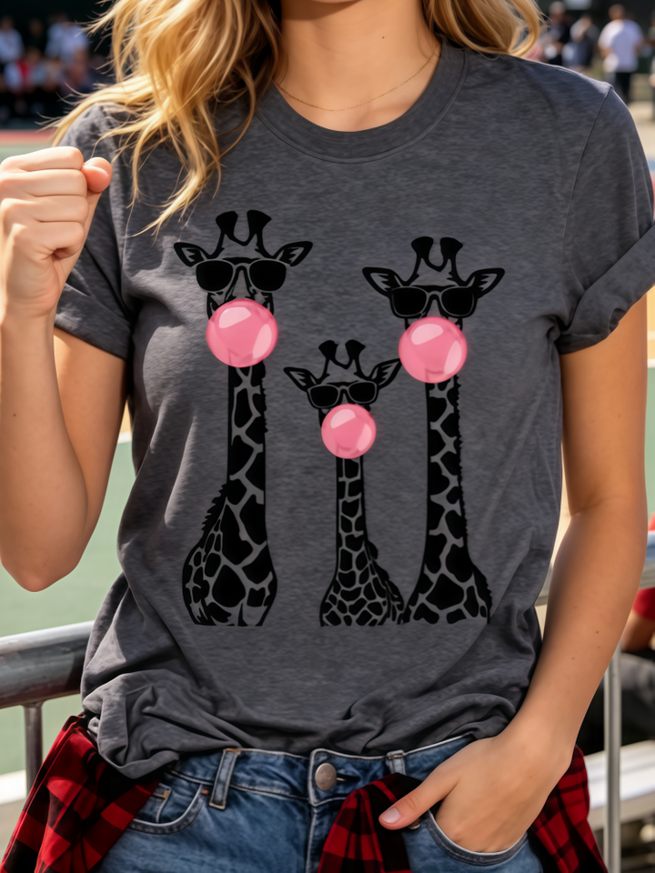 Funny Giraffe Family Bubblegum Print Crew Neck T-Shirt