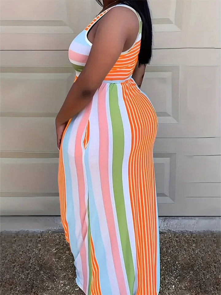 Plus Size Color Block Striped Sleeveless Maxi Dress