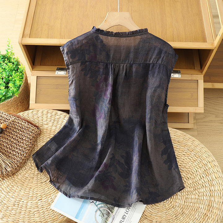 Ruffle Neck Tie Front Floral Linen Blend Sleeveless Blouse