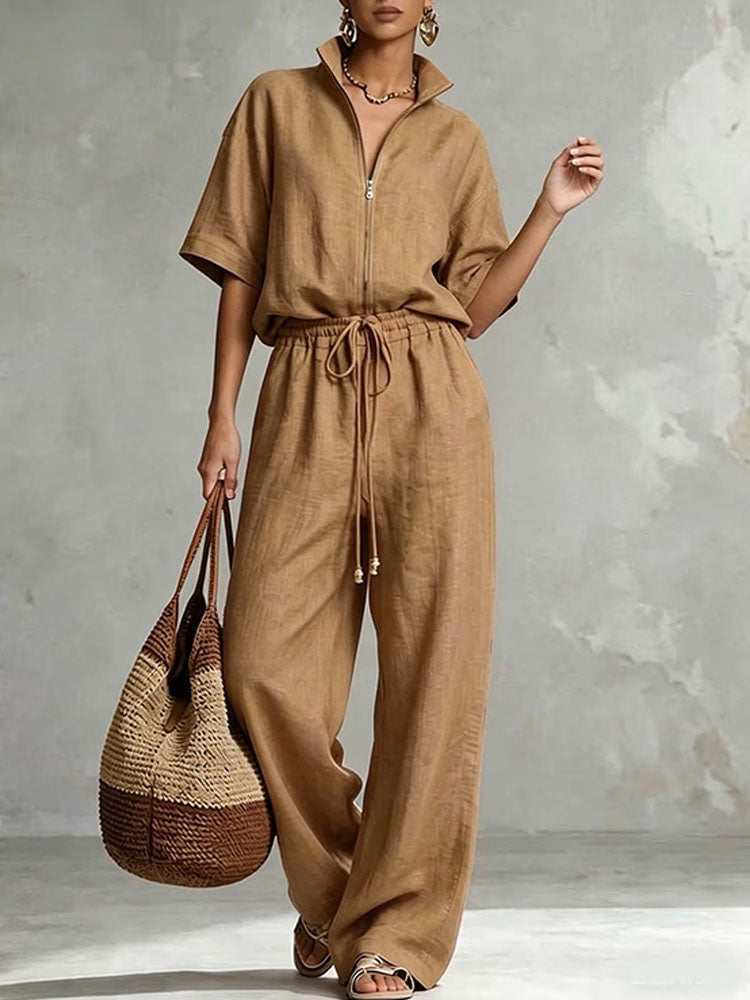 Half-zip stand-up collar top and wide-leg pants suit