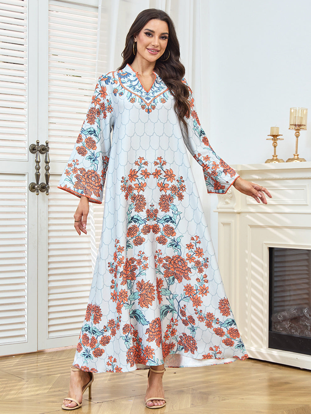 Floral Print V-Neck Maxi Abaya Dress