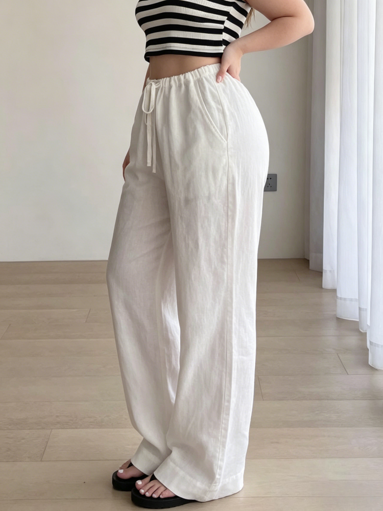 High Waisted Drawstring Wide Leg Linen Pants