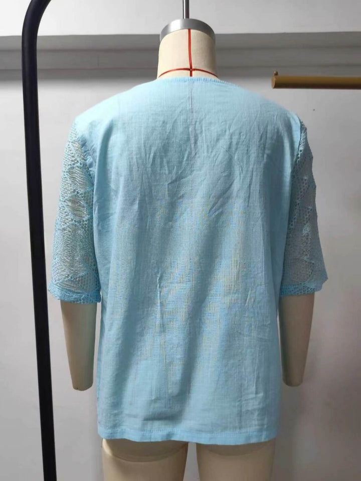 U-Neck Tassel Tie Hollow Lace Patch Blouse