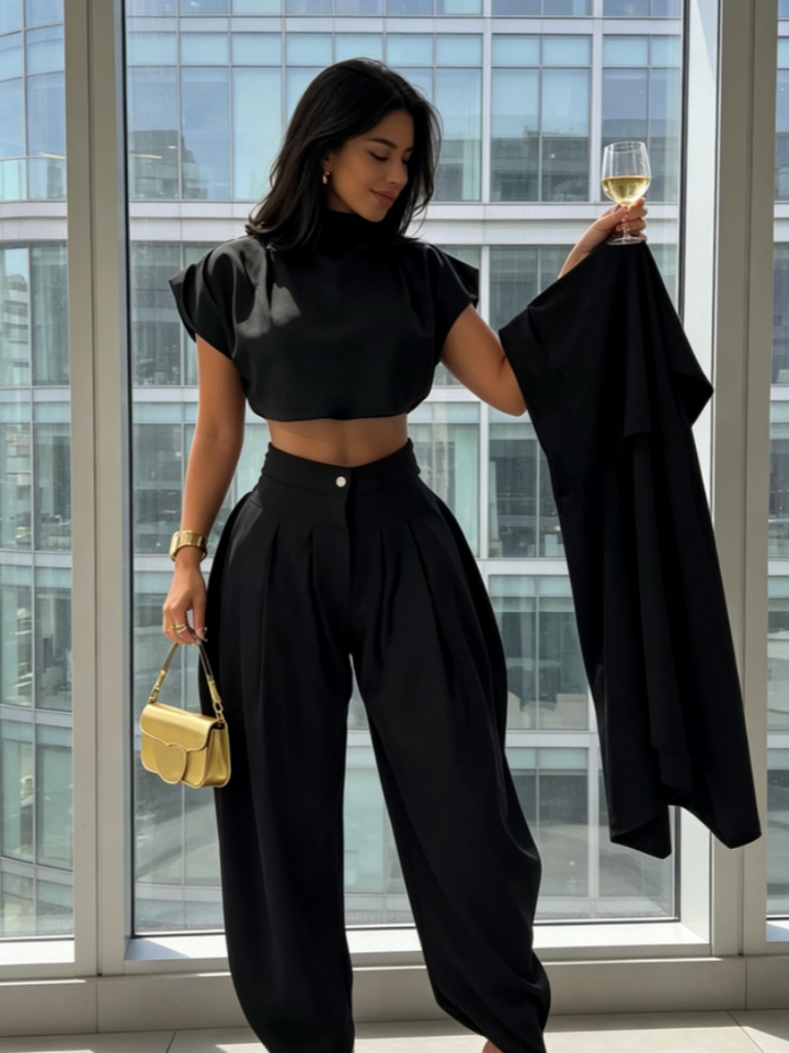 Chic Mock Neck Crop Top &amp; High Waisted Wide Leg Pants Set