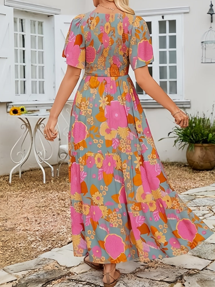 Floral Print Flutter Sleeve Tiered Maxi Dress