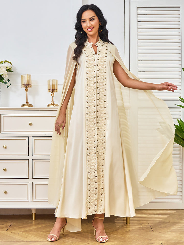 Beige Cape-Sleeve Abaya Maxi Dress with Beaded Embroidery