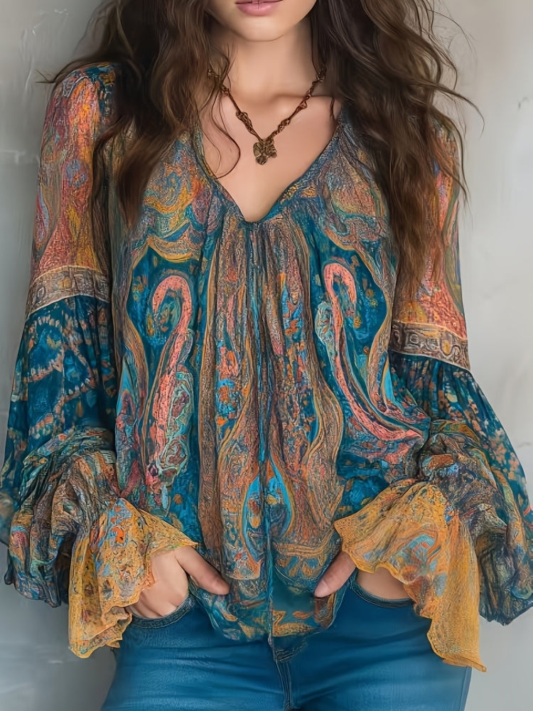 Boho Paisley Print Blouse - V-Neck Long Sleeve Flowy Top