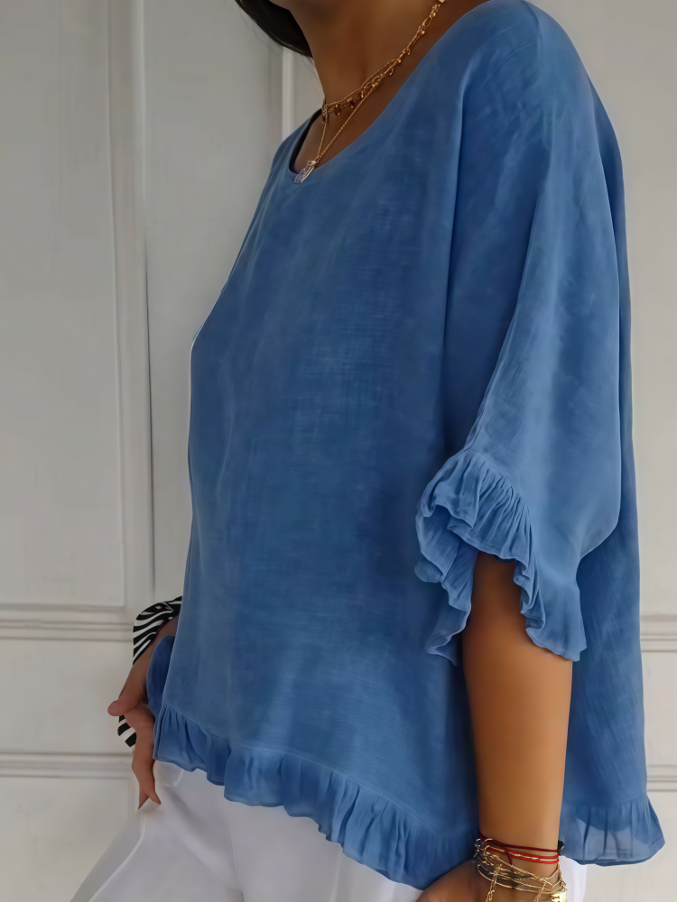 Crew Neck Ruffle Trim Short Sleeve Casual Cotton Blouse
