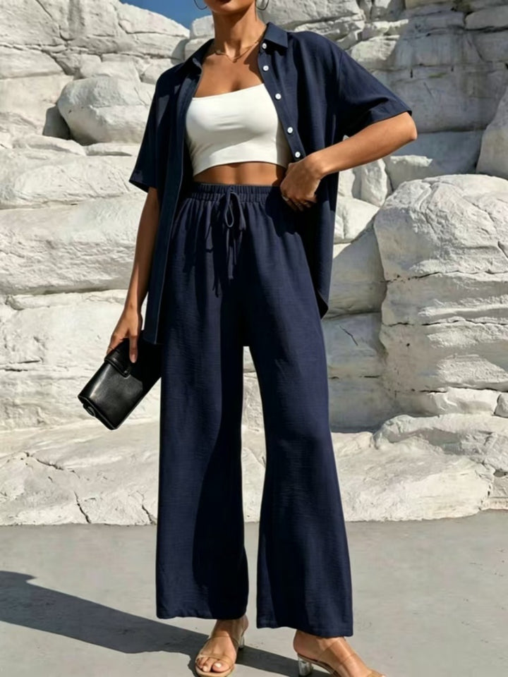 Stylish and casual solid color shirt and trousers two-piece women&