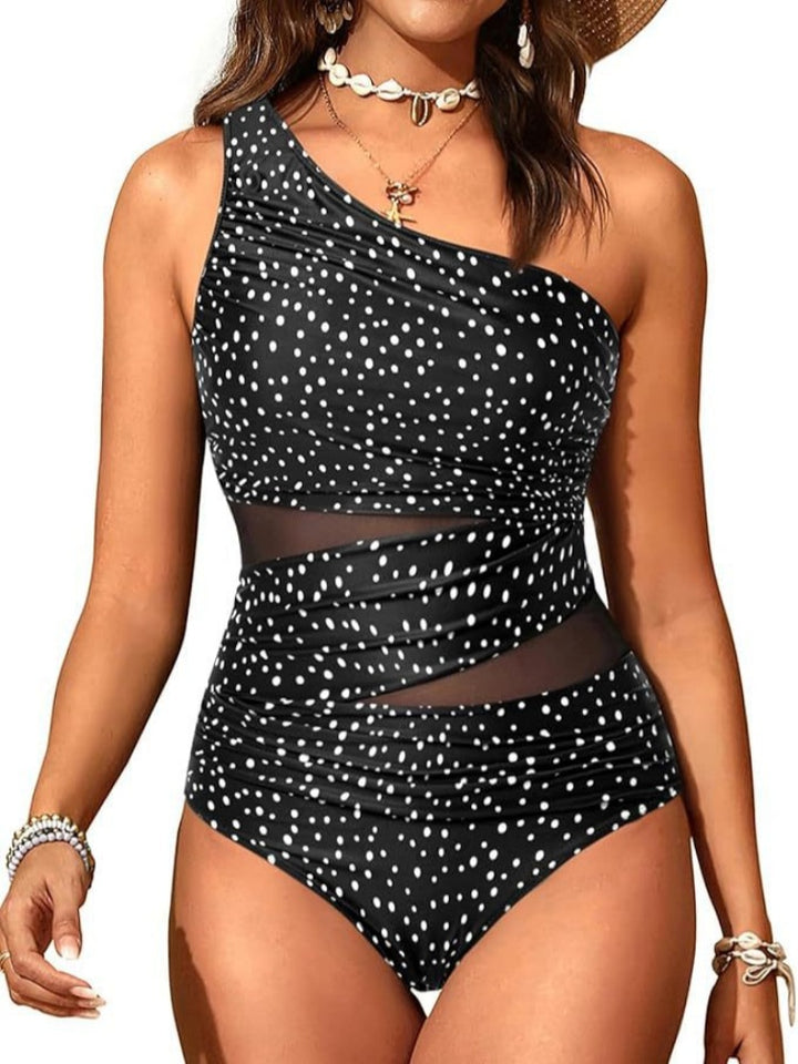 One Shoulder Mesh Ruched One Piece Swimsuit