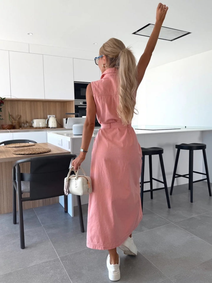 Sleeveless Button-Front Denim Maxi Dress