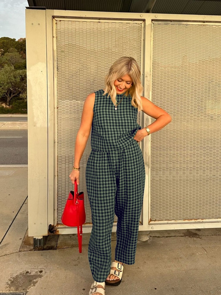 Gingham 2-Piece Sleeveless Top &amp; Wide Leg Pants Set