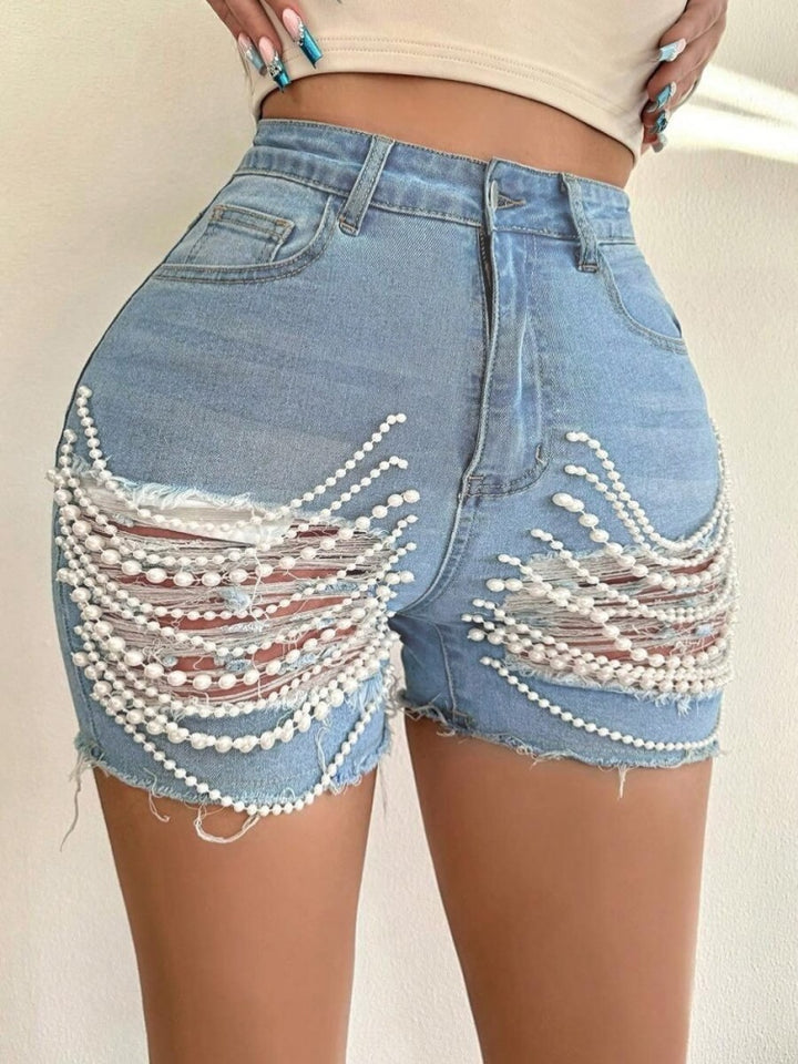 High Waist Ripped Pearl Beaded Denim Shorts