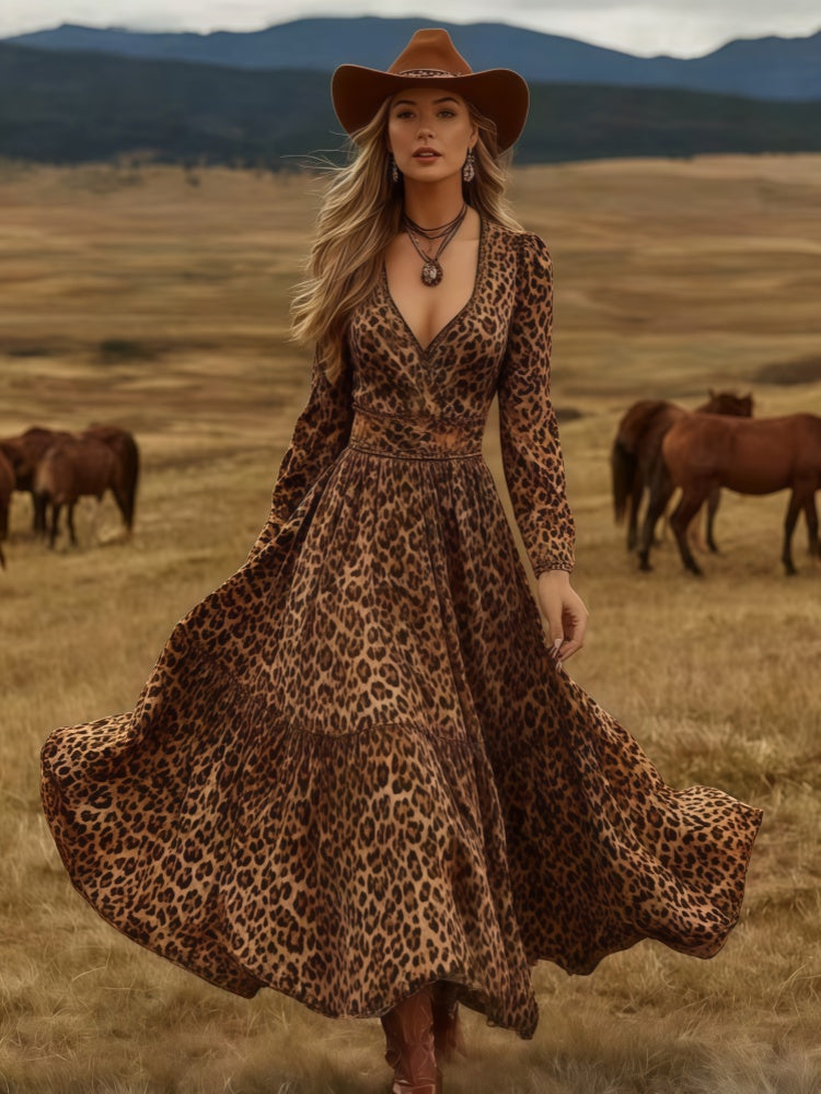 Boho Western Long Sleeve V-Neck Tiered Maxi Dress
