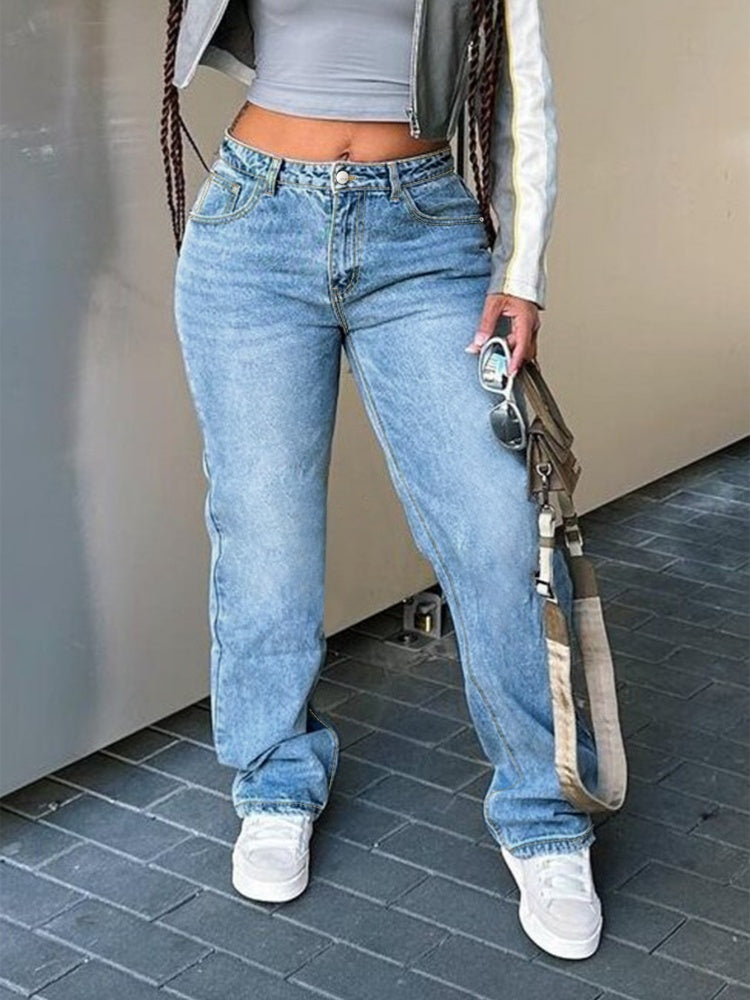 High-elasticity zipper slim-fit wide-leg jeans