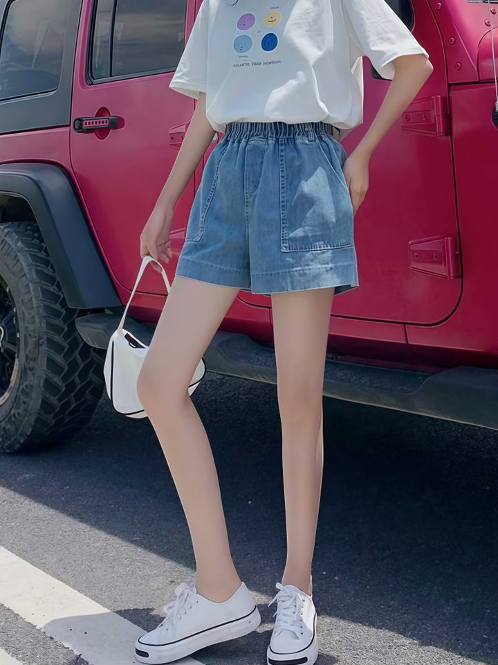 Elastic Waist Wide-Leg Denim Shorts - High-Waisted Casual Summer Shorts