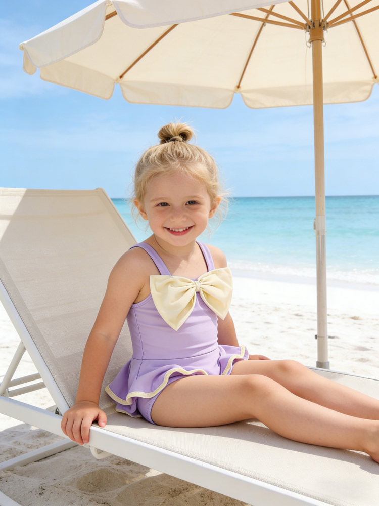 Girls Ruffle One-Piece Swimsuit – Bowknot Princess Swim Dress with Cap