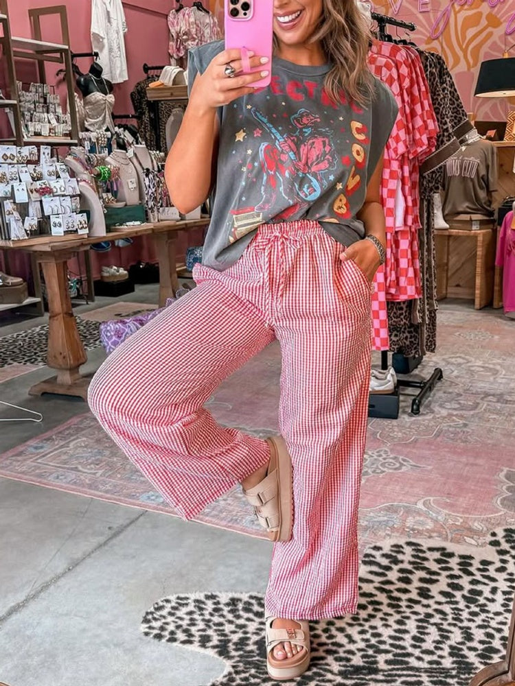 Gingham Drawstring Wide Leg Pants