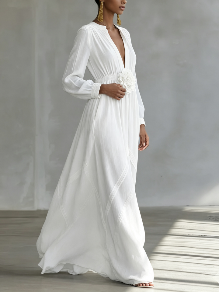 Elegant 3D Floral Cotton Linen Maxi Dress with Resort Style
