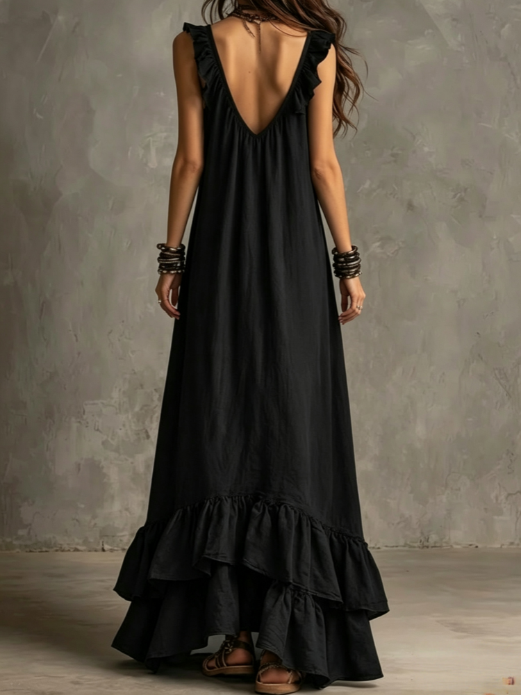Boho Ruffled V-Neck Maxi Dress