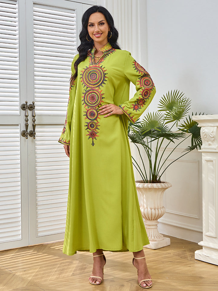Ethnic Geometric Embroidered Abaya Maxi Dress