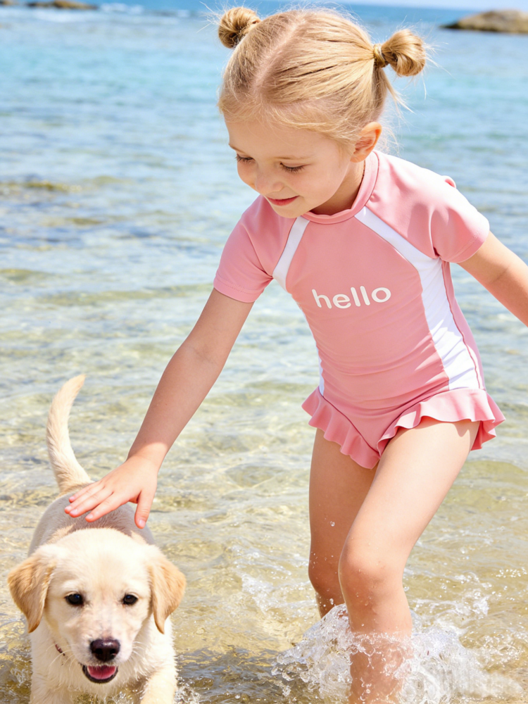 Girls Rash Guard Swimsuit with Hat – Cute Ruffle One-Piece Swimwear