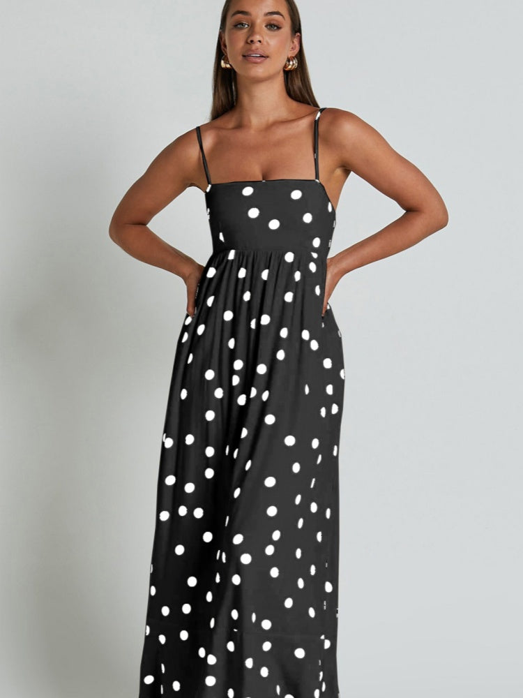Polka Dot Spaghetti Strap Square Neck Maxi Dress