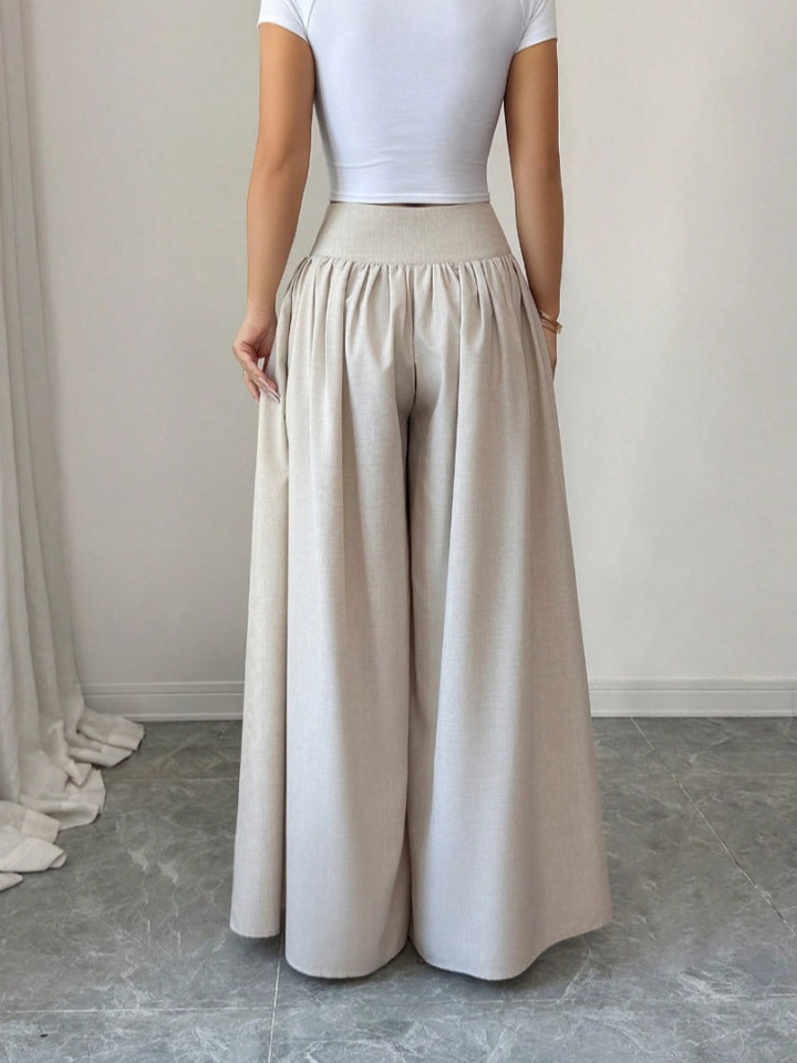 High Waist Button Front Pleated Wide Leg Palazzo Pants