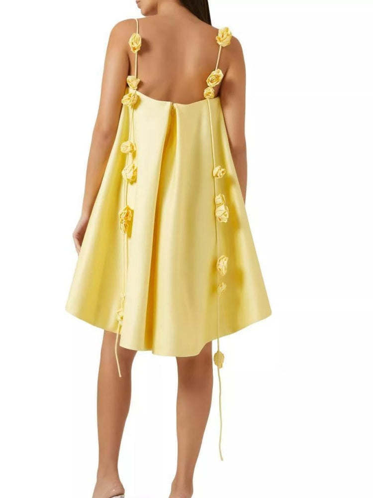 Yellow 3D Flower Appliqué Spaghetti Strap Mini Dress