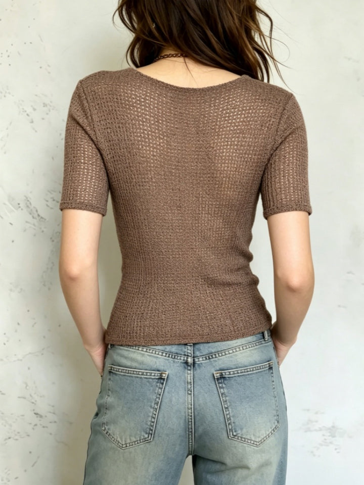 Wrap-Front Knit Top | V-Neck Short Sleeve Crisscross Blouse