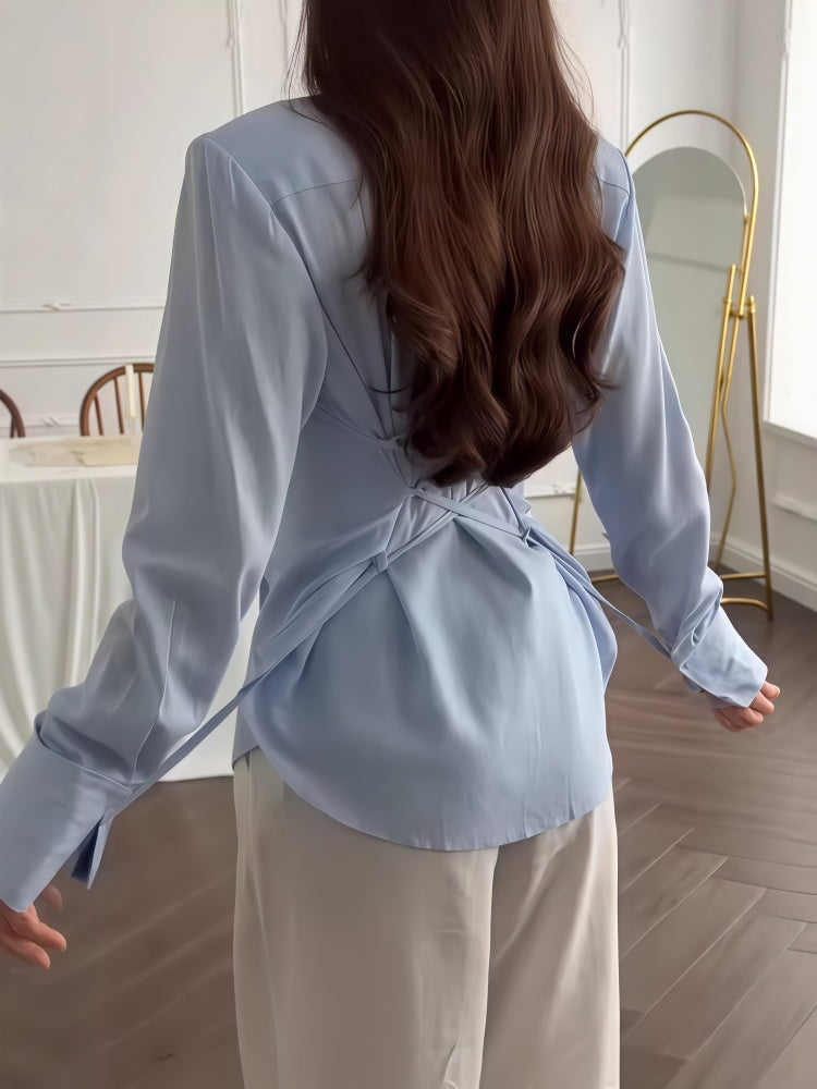 Long Sleeve Button Up Tie Front Blouse